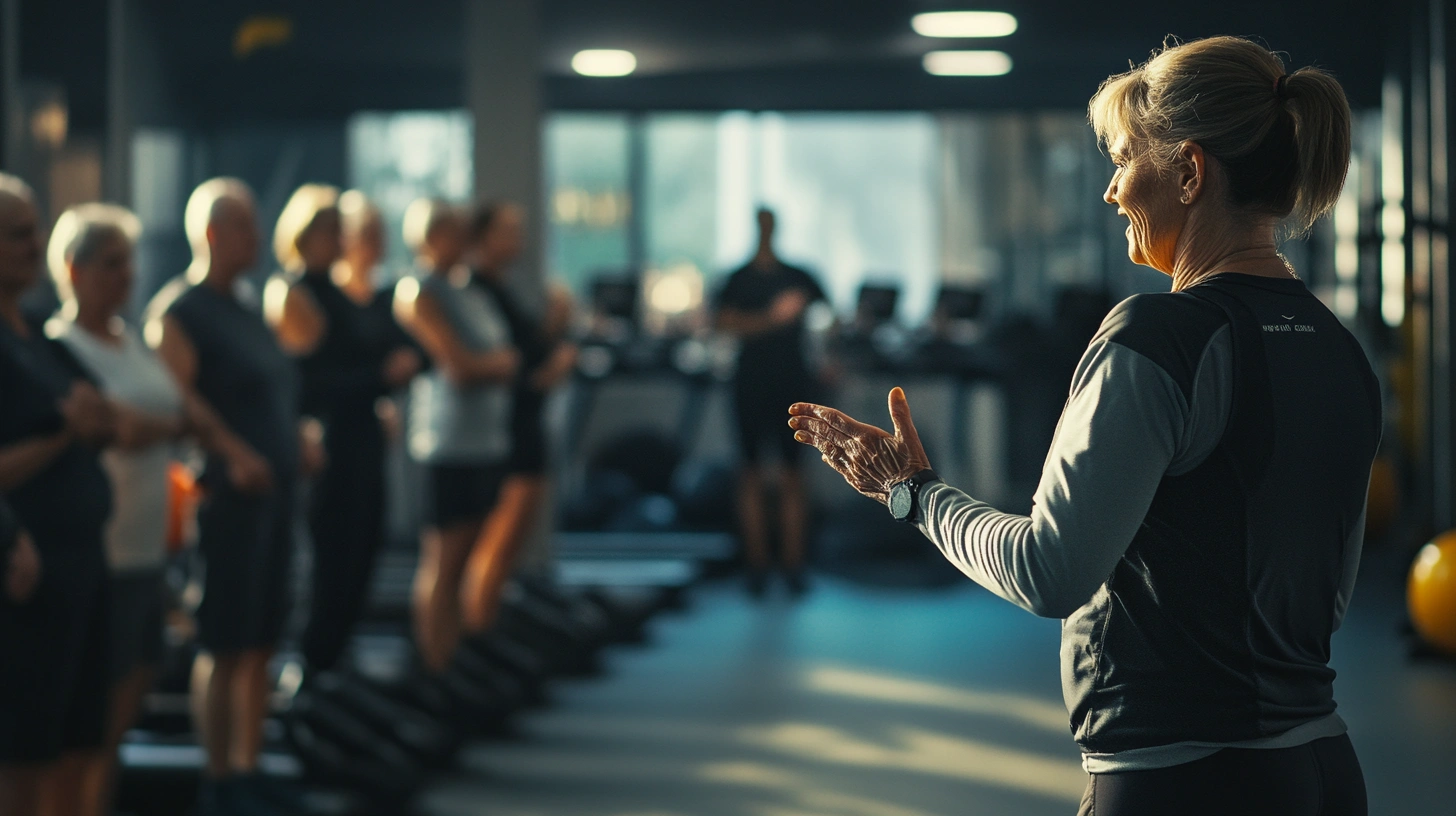 Тренер проводить заняття з групою людей старшого віку